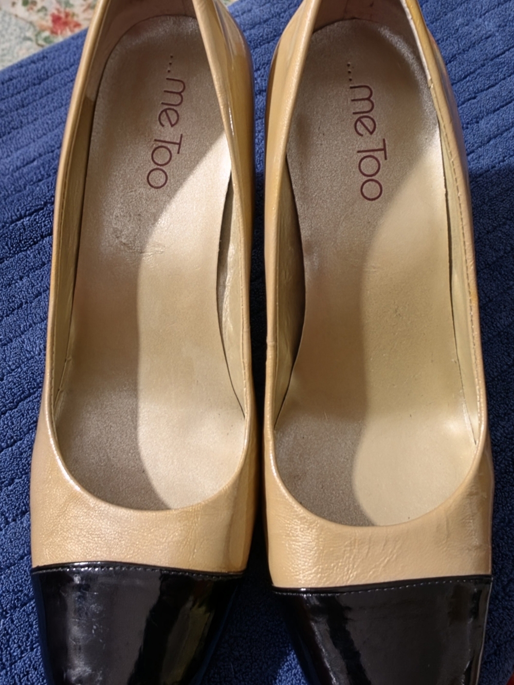 me too Two-Tone Leather Cap-Toe Pumps in Tan and Black